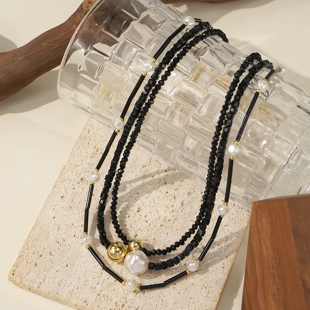 Go2boho Layered Black and Gold Plated Beaded Necklace with Faux Pearls Handmade Adjustable Jewelry for Women Gift