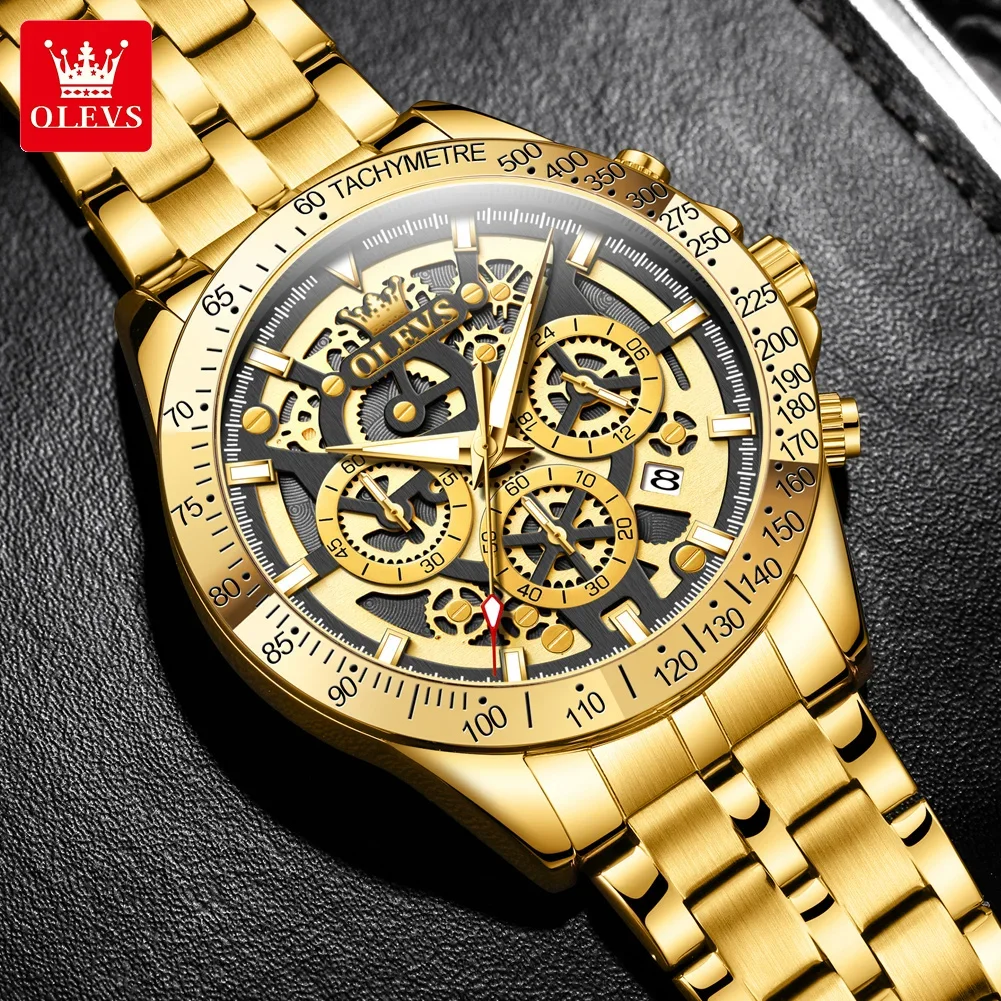 OLEVS Lxuxry Brand Gold Men\'s Watches Full Skeleton Stainless steel Chronograph Wristwatch Waterproof Luminous Quartz Watch Men