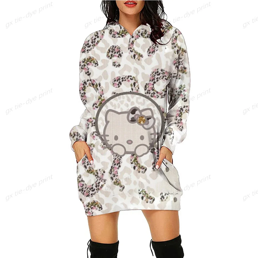 HELLO KITTY Autumn Women Hoodie Dress Fashion Slim Fit Sweatshirt Dresses for Women Pocket Hooded Casual Dress Mini Dress