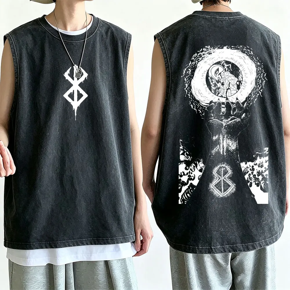 Anime Berserk Griffith Vintage Washed Sleeveless Tank Tops Manga Cool Gatsu Zodd Guts Vest T-shirt Men Casual Cotton T-shirts