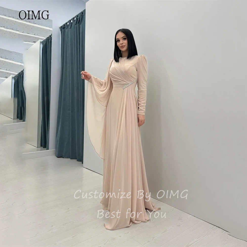 OIMG Elegant Blue A-line Prom Gowns Long Sleeve Formal Party Gown Chiffon Floor Length Evening Dress vestidos de fiesta
