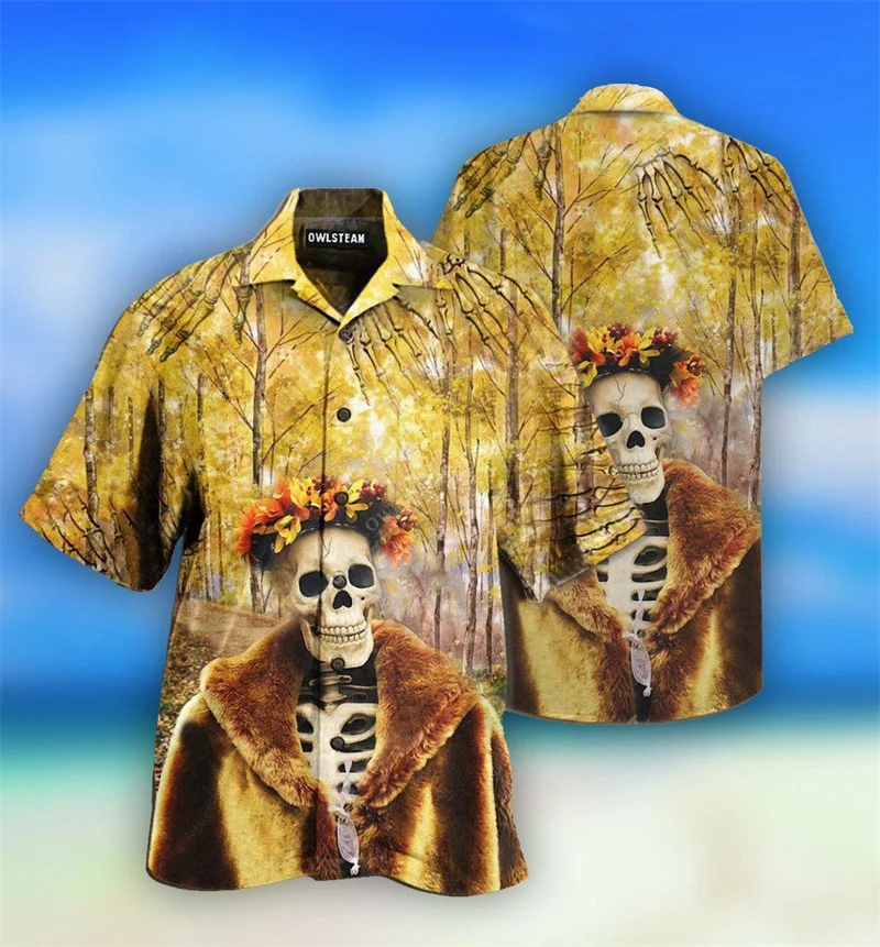 Halloween Ghost Print Men's Shirts Horror Skull Pattern Men's Shirt Summer Short Sleeve Holiday Clothing Men's Personalized Tops