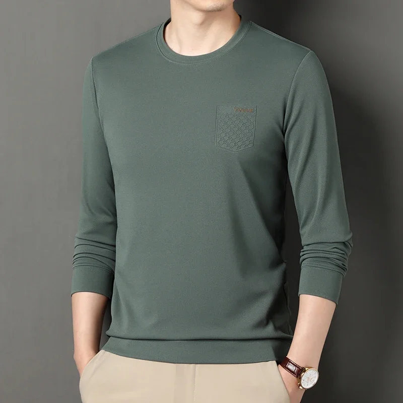 Men's New Autumn and Winter Solid Color Versatile Casual Long T-shirt with Plush and Thick Hoodie