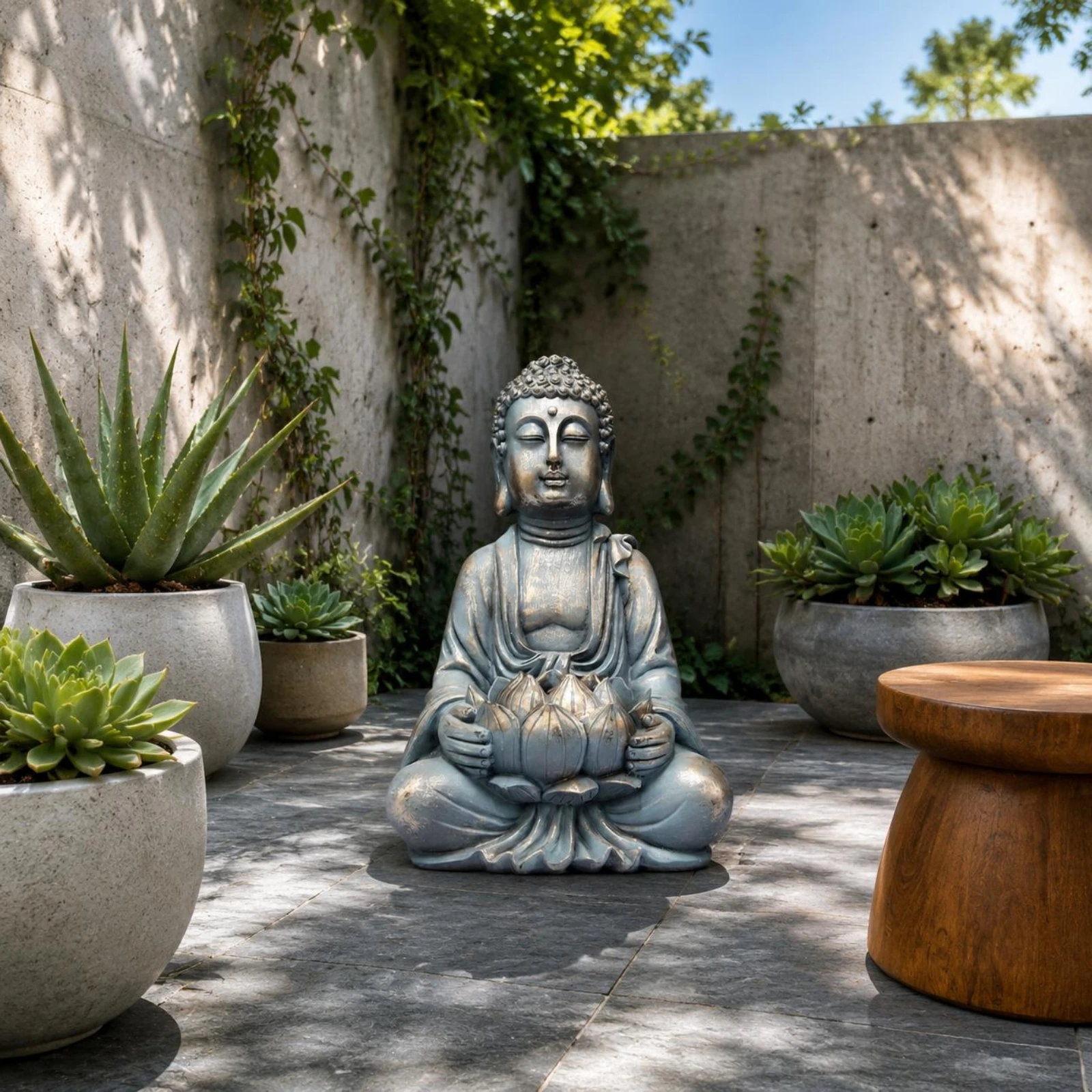Buddha Lotus Statue Solar-Powered Seated Buddha Statue Figurine Blue-Gray Home Decor Gold-Toned Highlights for Garden
