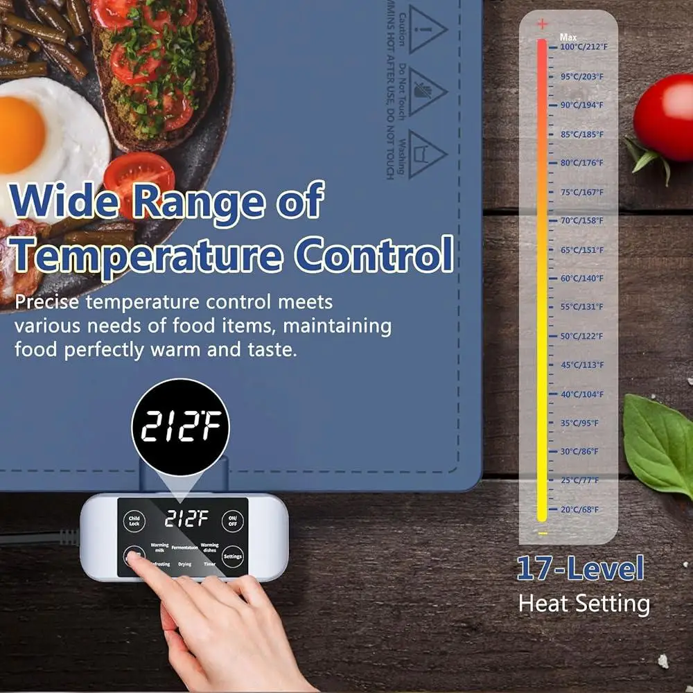 Waterproof Electric Food Warming Mat Silicone Heating Tray 17 Temp Settings 6 Hour Timer Non Slip Design Full Surface Heating