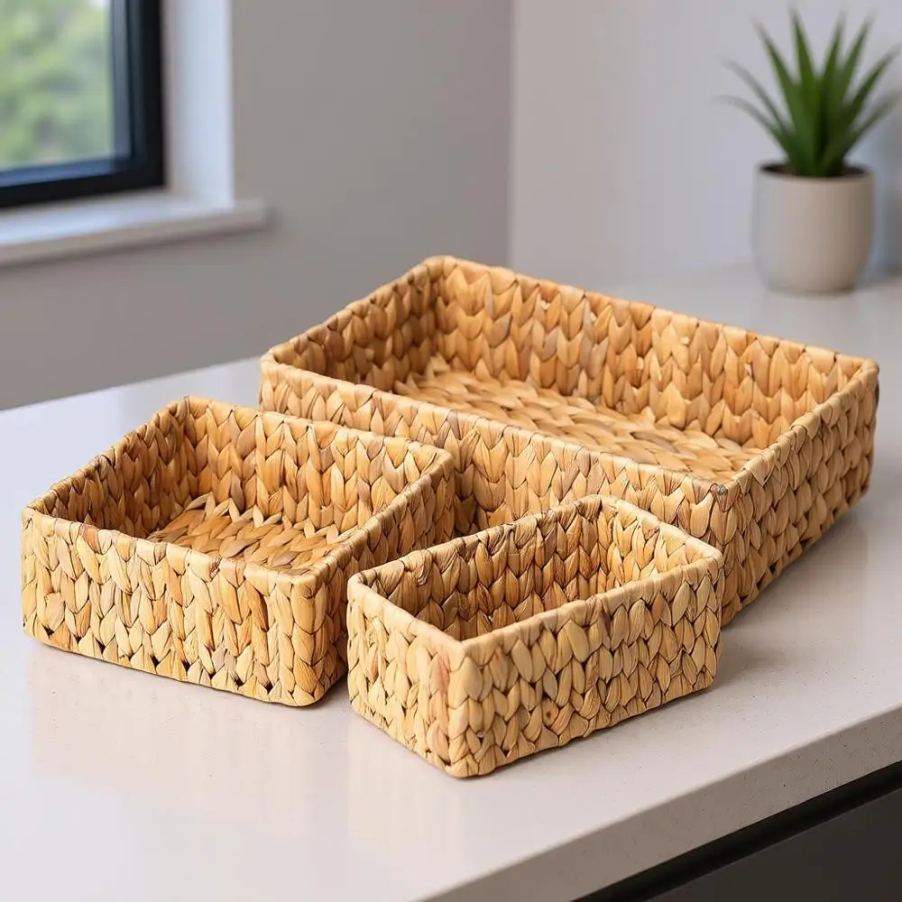 

Natural Wicker Storage Baskets Set, 3-Piece Large and Small, for Organizing Pantry Shelves
