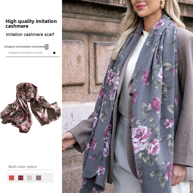 

2025 Vintage rose Printed Imitation Cashmere Scarf Hijab Shawl Hair Wrap Winter Women's Warm Soft Fashion Large Neck Warmer