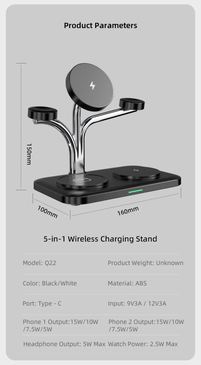 5 IN 1 15W Dual Phone Watch Magnetisches kabelloses Ladegerät Schnellladung für iPhone 17~12 Samsung Apple/Galaxy Watch Aipods Pro/Buds – Detail 16