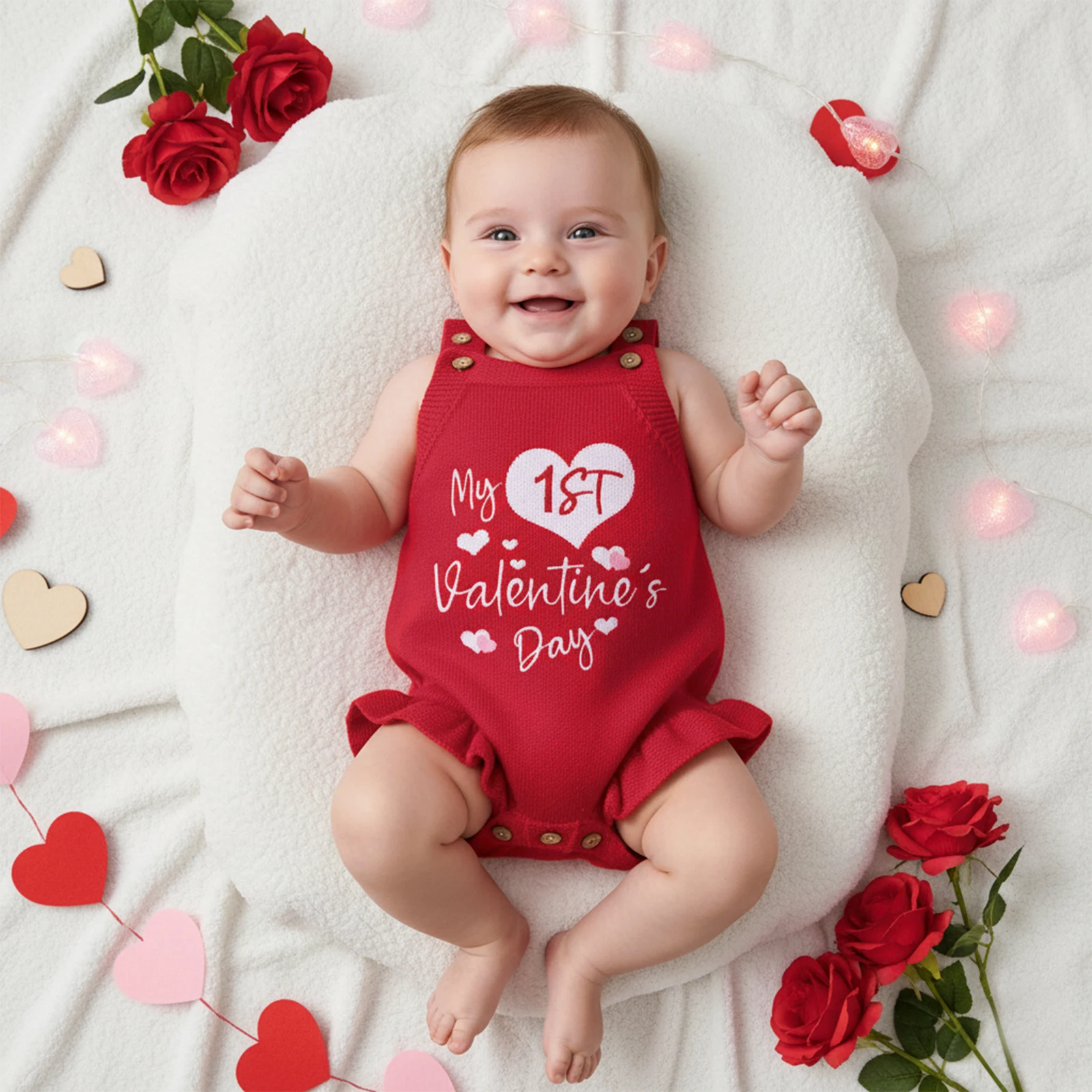

Sweety Baby Girl Valentine's Day Sweater Romper Heart Letter Embroidery Square Neck Sleeveless Knit Jumpsuit