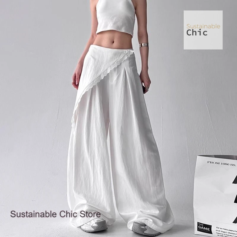 

Summer new solid color high waist slim straight pants female American fashion design relaxed Joker casual wide-leg pants.