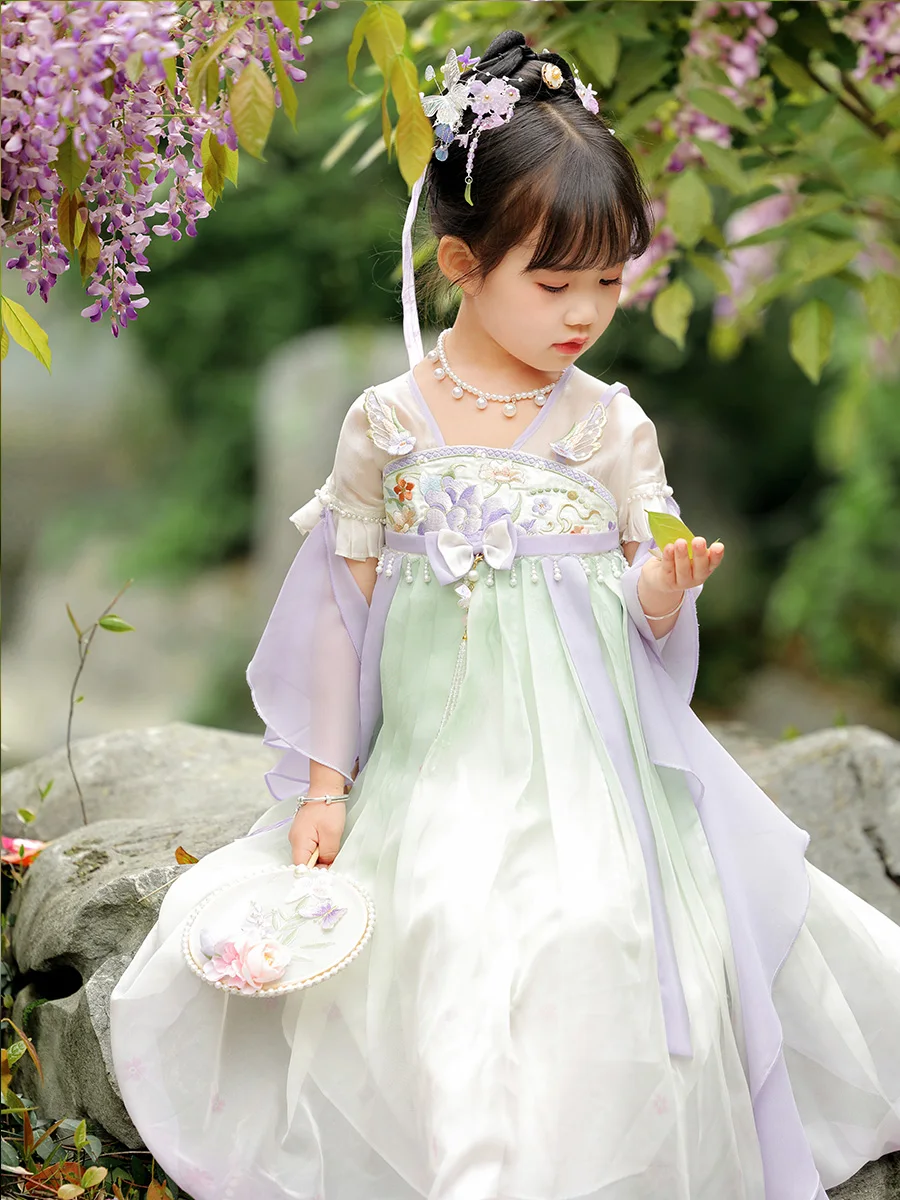 Hanfuの女の子の胸のハイドレス、半袖、紫、古代、新しい夏、2024