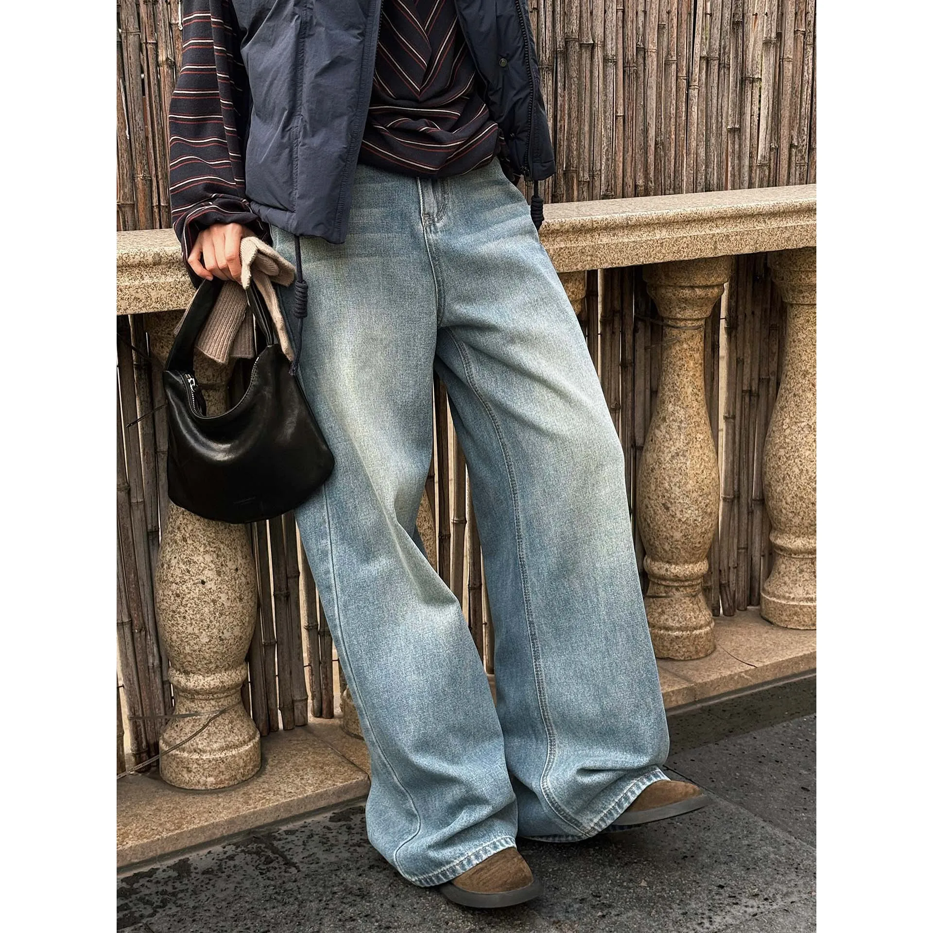 

Весенние потертые многослойные потертые прямые джинсы, свободные длинные брюки для женщин