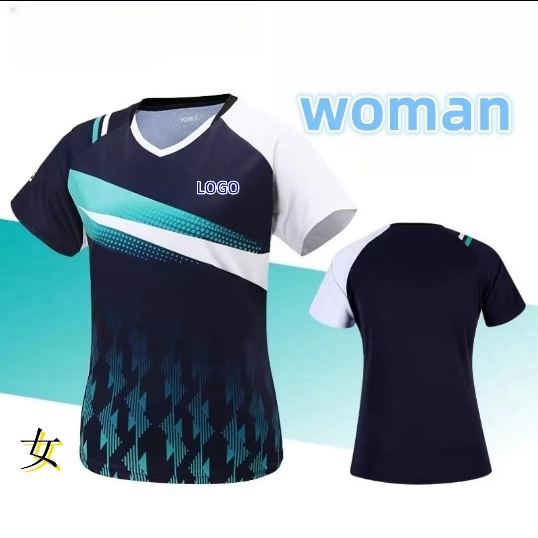 Customized men's and women's badminton T-shirt Breathable quick drying light V-neck tennis shirt accept customized service