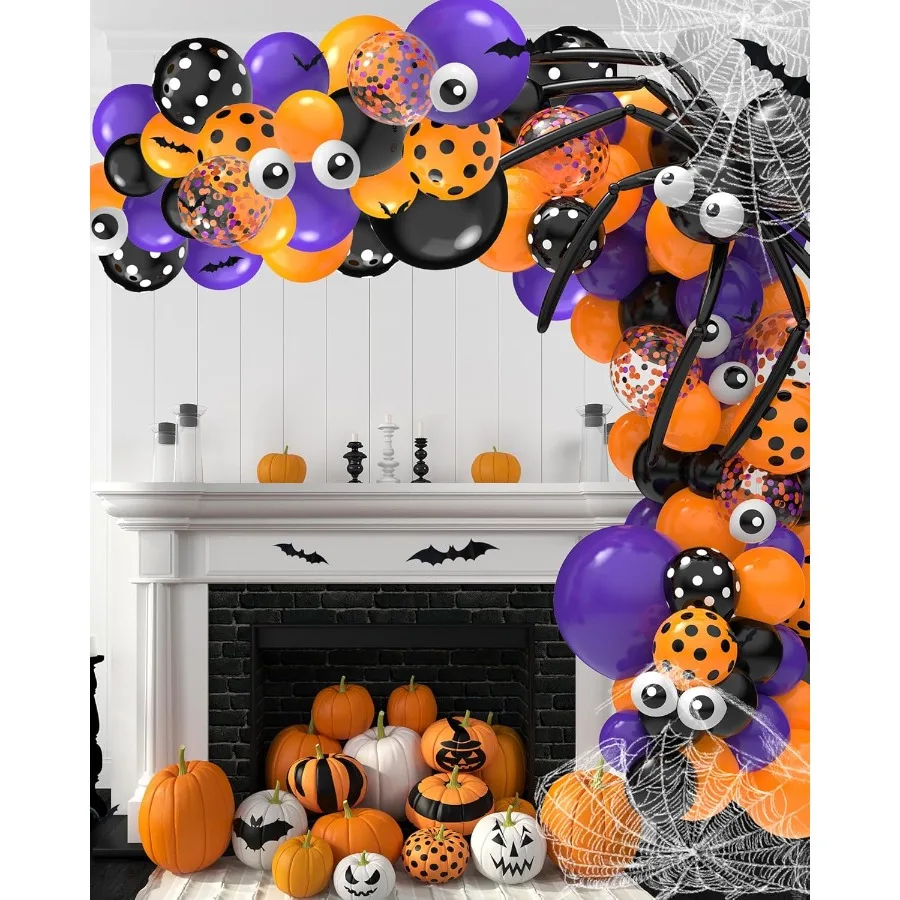126 Pcs Halloween Balloon Garland Arch Kit Halloween Party Decorations Include Spider Web Bats Purple Orange and Black Balloons
