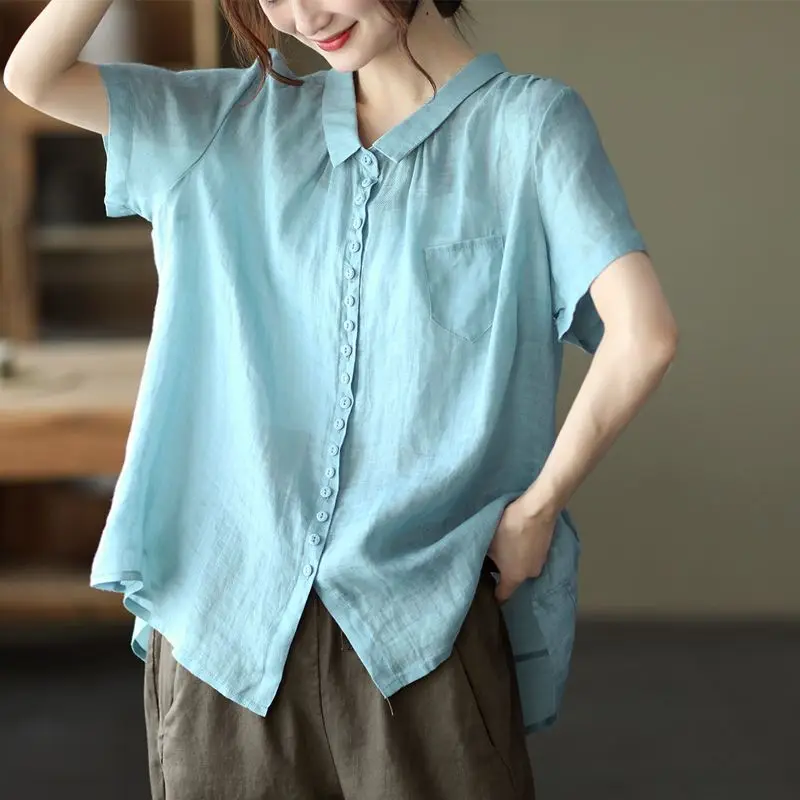 Fashion Lapel Button Pockets Solid Color Casual Shirts Women\'s Clothing 2024 Summer Loose Korean Tops Short Sleeve Blouses