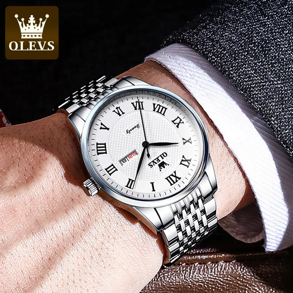 OLEVS Automatic Movement Watches for Men Luxury Stainless Steel Men\'s Quartz Watches Fashion Dual Calendar Waterproof Wristwatch