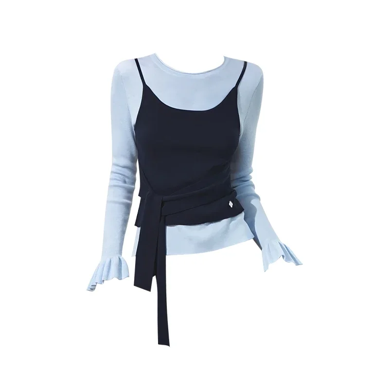 Korean Style Long Sleeve Knitted Sweater Women's Inner Wear Waist Cinched Belted Fake Two-Piece Winter Fashion City Walk