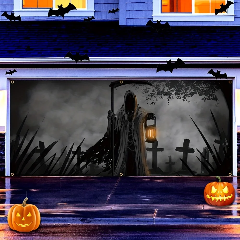 لافتة باب جراج الهالوين - شخصية مرعبة مع مصباح - مدخل مثير ليلة الهالوين - ديكور حفلات عائلية