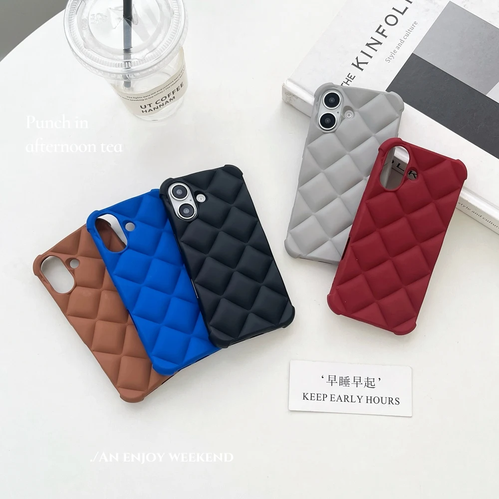 Matte 3D Rhombus Phone Case For iPhone 16 15 14 12 11 13 Pro Max 15 Plus 13 Mini Soft Silicone Cover