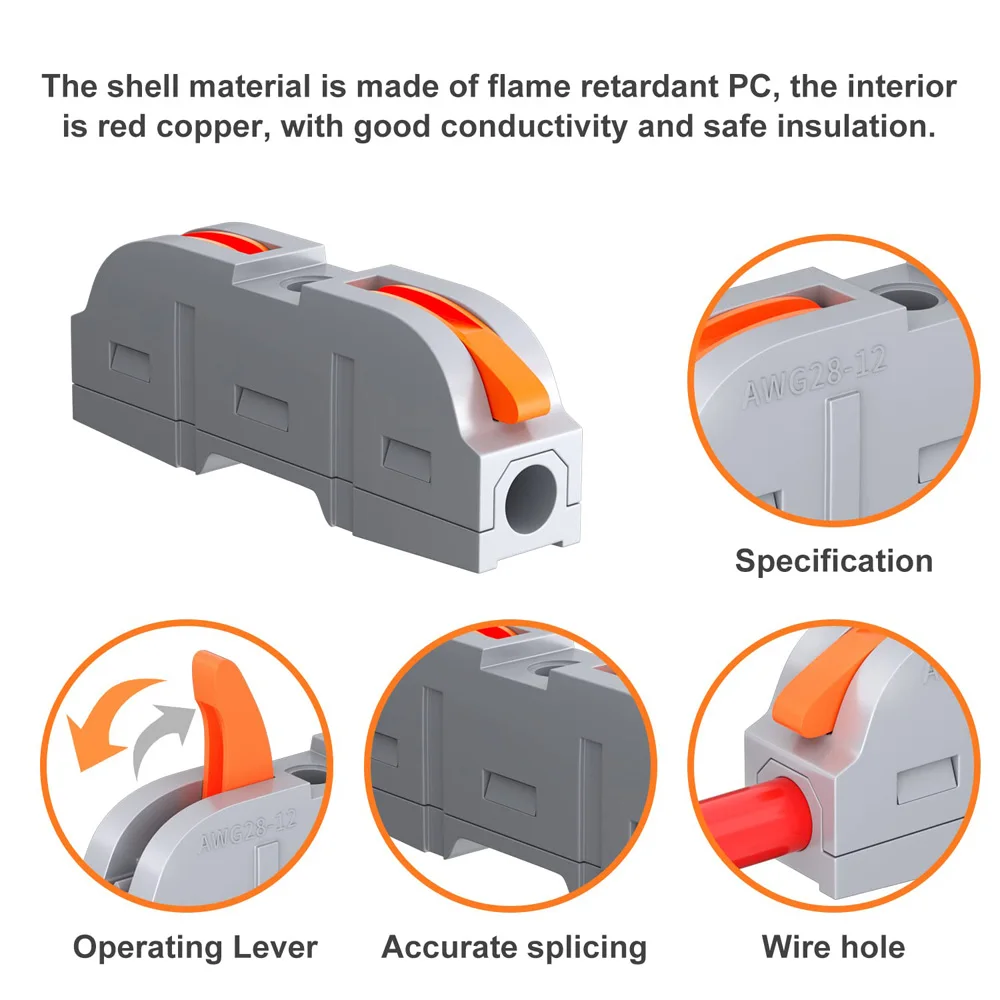 Compact Wire Connectors Splicing Connectors 1 to 1 Quick Terminal Block Lever Nut Splicing Wire Connectors for Circuit Inline