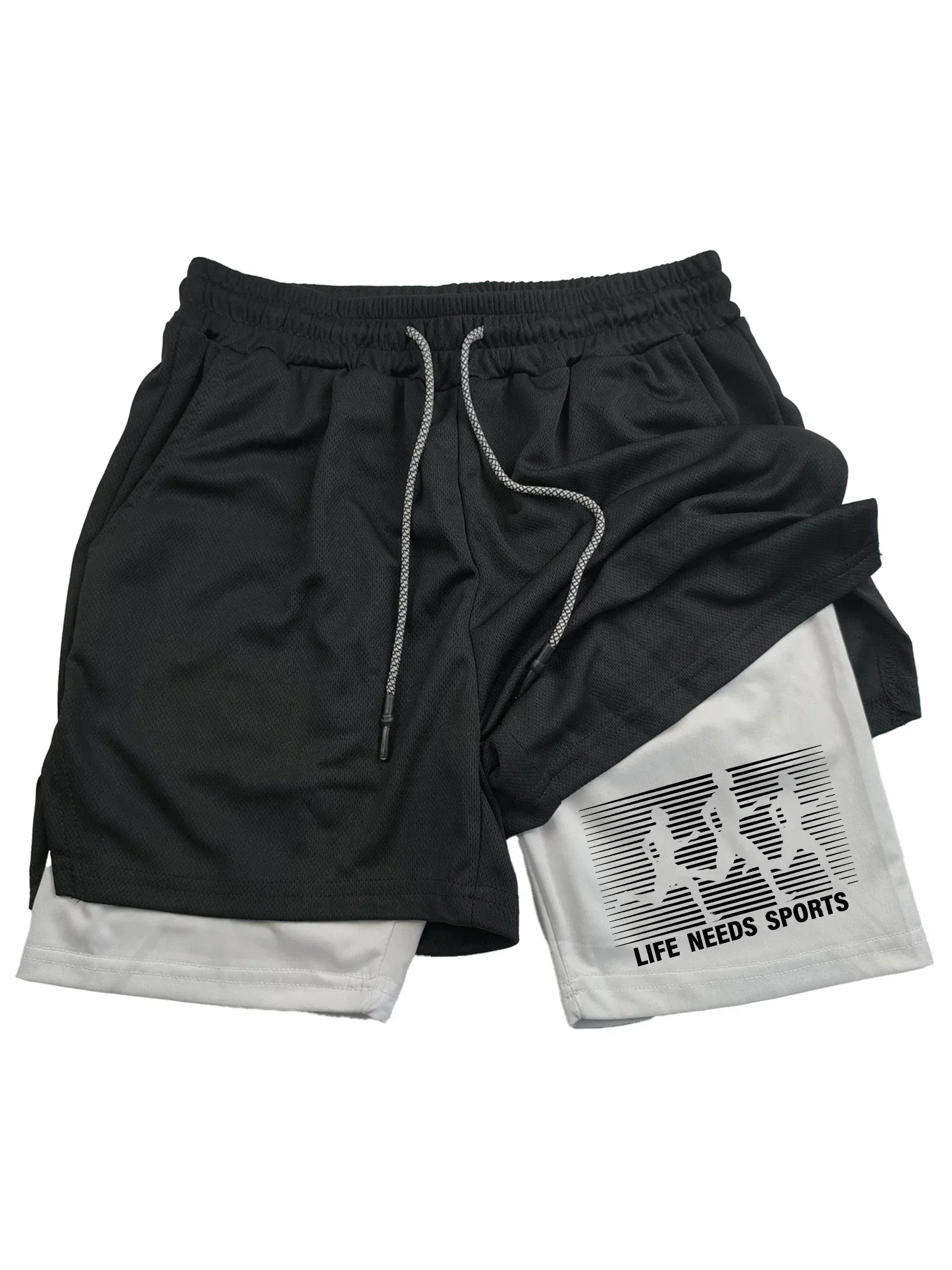 Men's double-layer sports shorts with phone pocket, 2-in-1 shorts with personalized print, breathable and quick drying