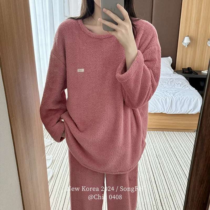 طقم بيجامة نسائي من Pjs بيجامة شتوية دافئة ملابس منزلية عصرية، بيجامة لطيفة وردية لطيفة وناعمة