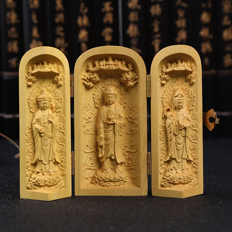 1 Stück Exquisite Buchsbaum Schnitzerei Guanyin Buddha Statue Western Sansheng Holzschnitzerei Handwerk Heimdekoration