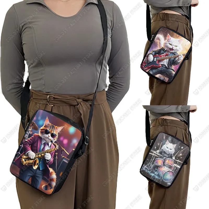 Rock Cat Pattern Crossbody Bag Cool Cat Playing The Guitar and Drum Women Handbag Key Money Phone Holder Messager Shoulder Bag