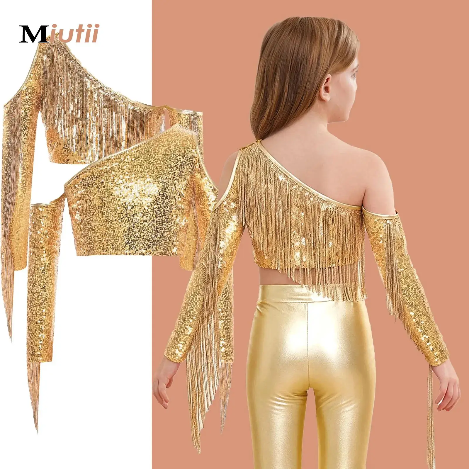 

Металлические футболки в стиле диско 70-х годов, винтажный костюм хиппи на Хэллоуин, карнавал для детей, укороченный топ с одним рукавом и блестками для девочек, одежда для джазовых танцев