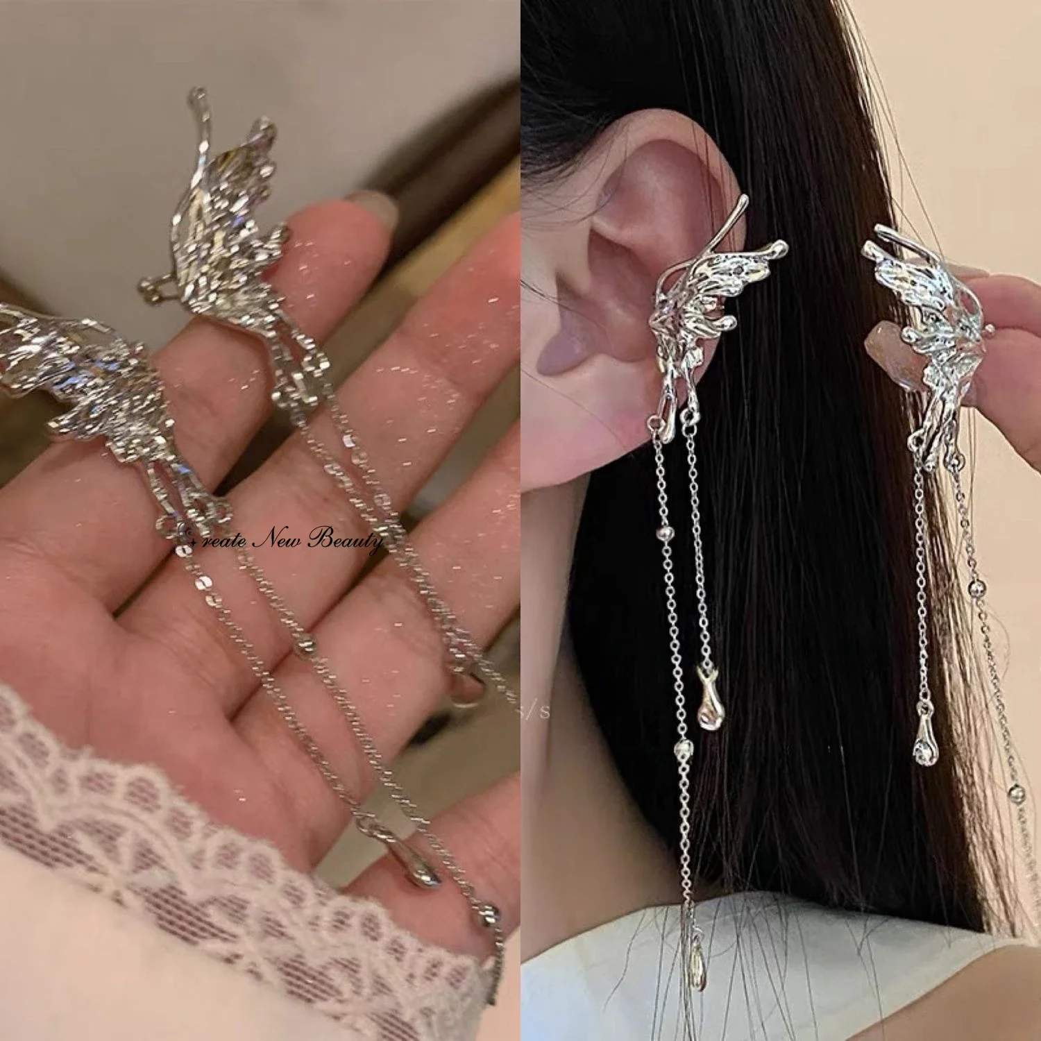 Retro Y2K Fairy Butterfly Ear Clips Angel Earbone Female No Hole Ear Cuff Tassel Hanging Earring Fashion Jewelry Gift