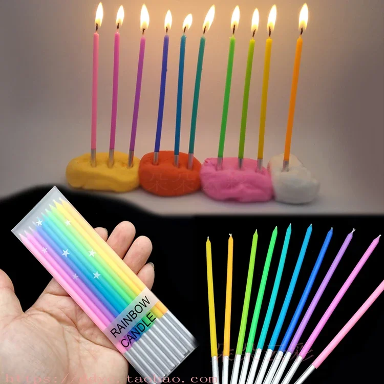 10 sticks rainbow slender birthday candle boxed cake decoration multi-color polished tin foil blue purple yellow party children