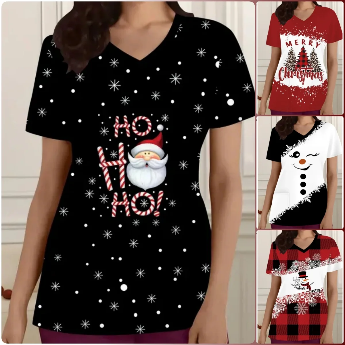 

2025 Women's 3D Printed Christmas Nurse Uniform T-Shirt - Short Sleeve V-Neck -Themed Top HO HO HO! Candy Cane & Snowflake Print