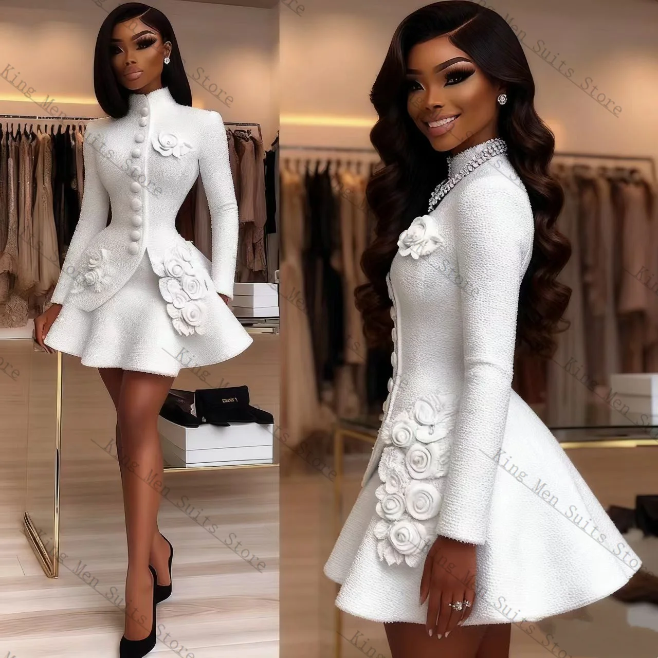 Abito da donna bianco di lusso Set 2 pezzi Blazer + Mini abito corto da ballo Giacca da smoking da sposa formale personalizzata con fiori 3D