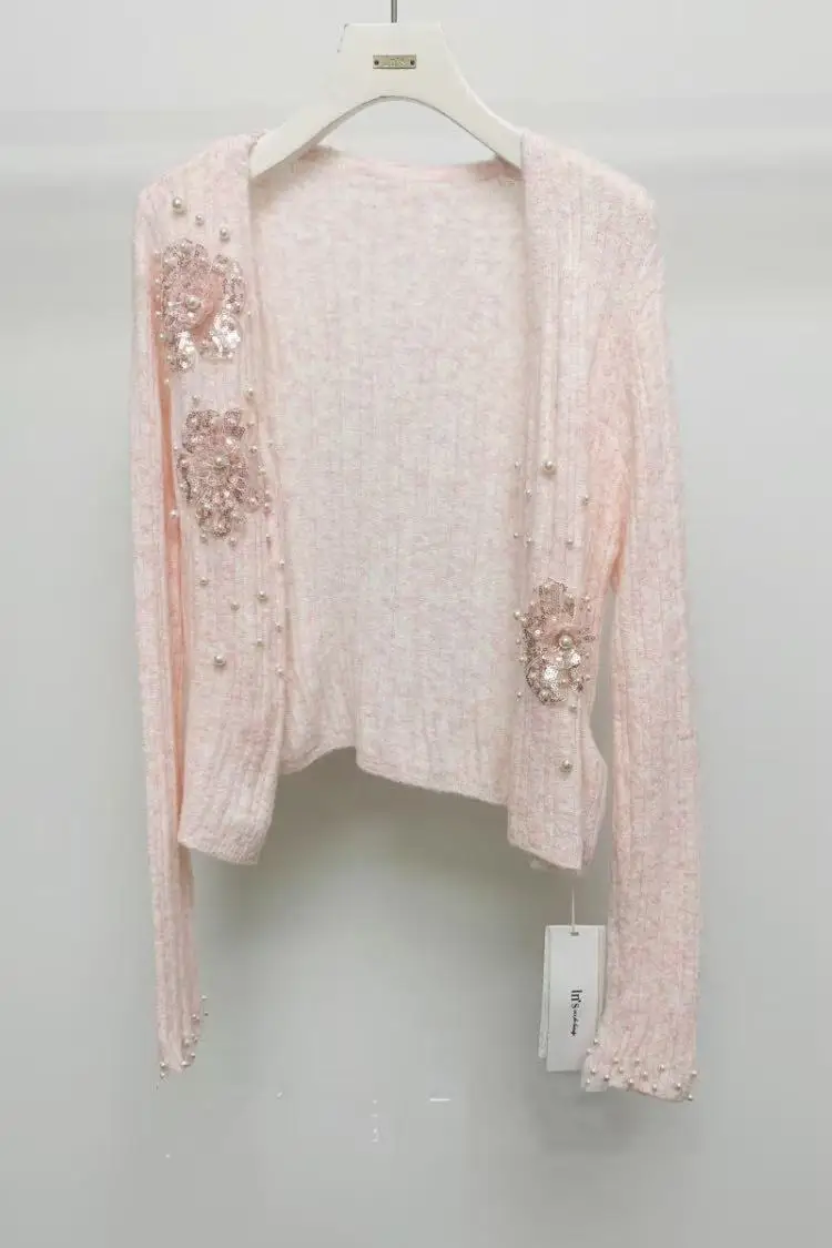 

Luxury Beading 3D Flowers Embroidery Spring Summer Knitted Cardigan for Women's Pearl Thin Sweater Outwear Knitwear Pink Top