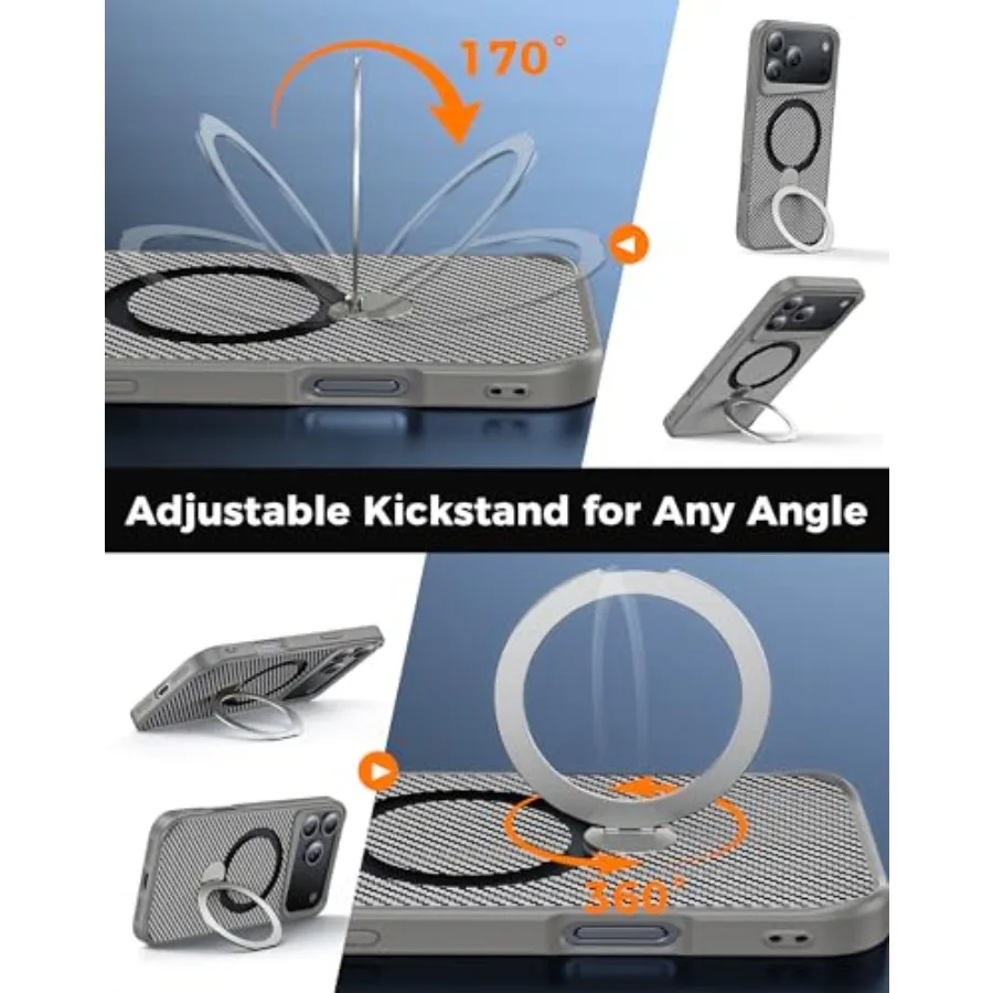 360 Magnetic Stand Carbon Fiber Case Designed for iPhone 17 Pro Max with Military-Grade 15FT Protection and Built-in Stand Ring