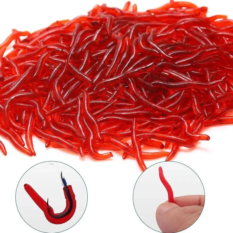 Fishing Lures 50 PCS Soft Elastic Red Worm Plastic Baits Realistic Design Durable for Freshwater Fishing