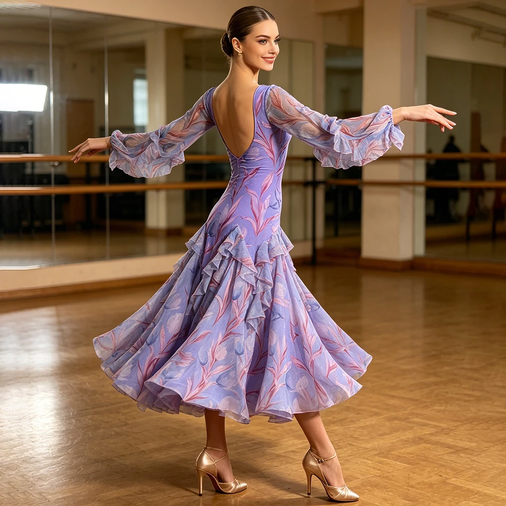 

Waltz Dress New High Quality Long Sleeve Standard Women Dance Dress Backless Adult Clothing Purple Competition Printed Dress