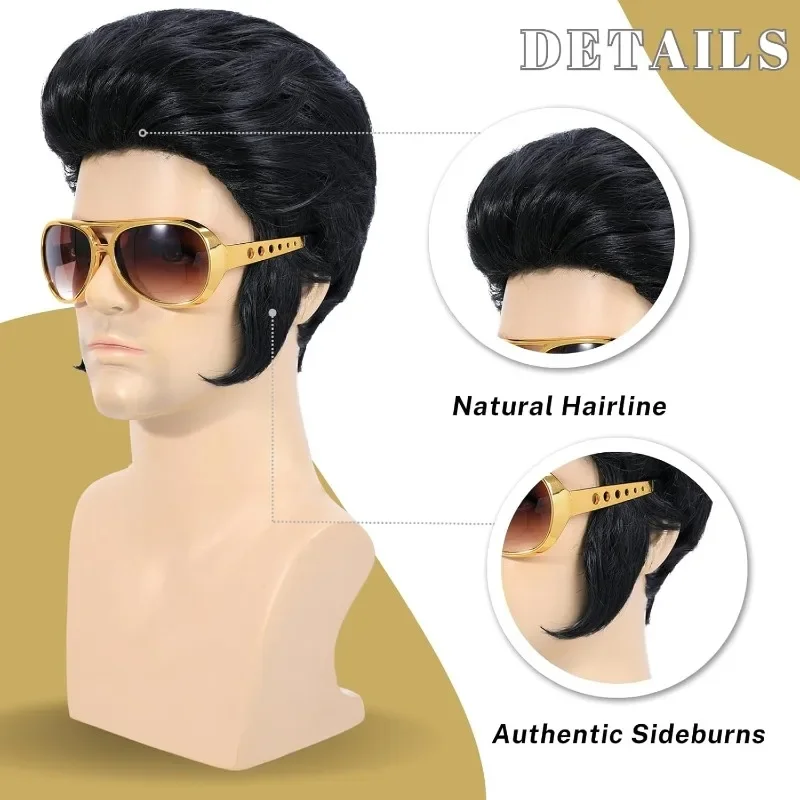 4pcs 50s Rocker Costume Set - Elvis Presley Style Wig with Sunglasses & Necklace - Adult Men's Halloween Cosplay Party Outfit