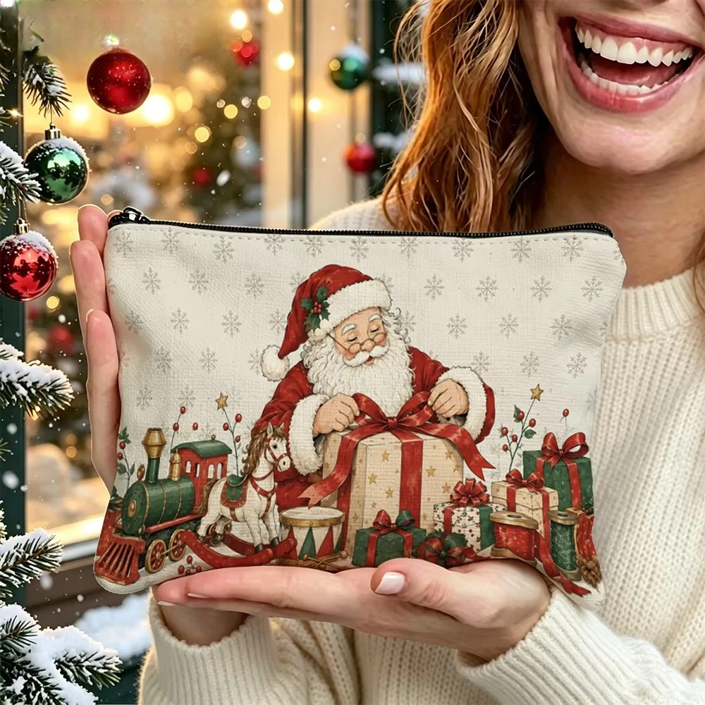 Christmas Santa Claus Cosmetic Bag Vintage Santa Gift Toy Train Print Makeup Zipper Pouch Travel Storage Holiday Gift for Women