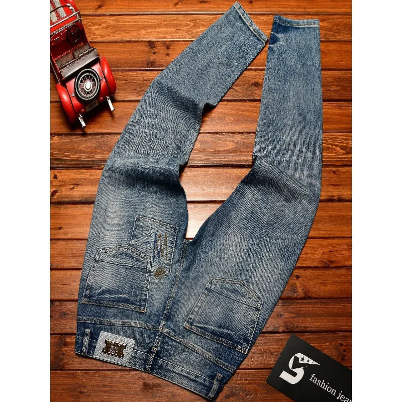 Broken hole jeans for men, retro trend splicing, street nostalgia, personality, handsome, slim fit, small leg pants