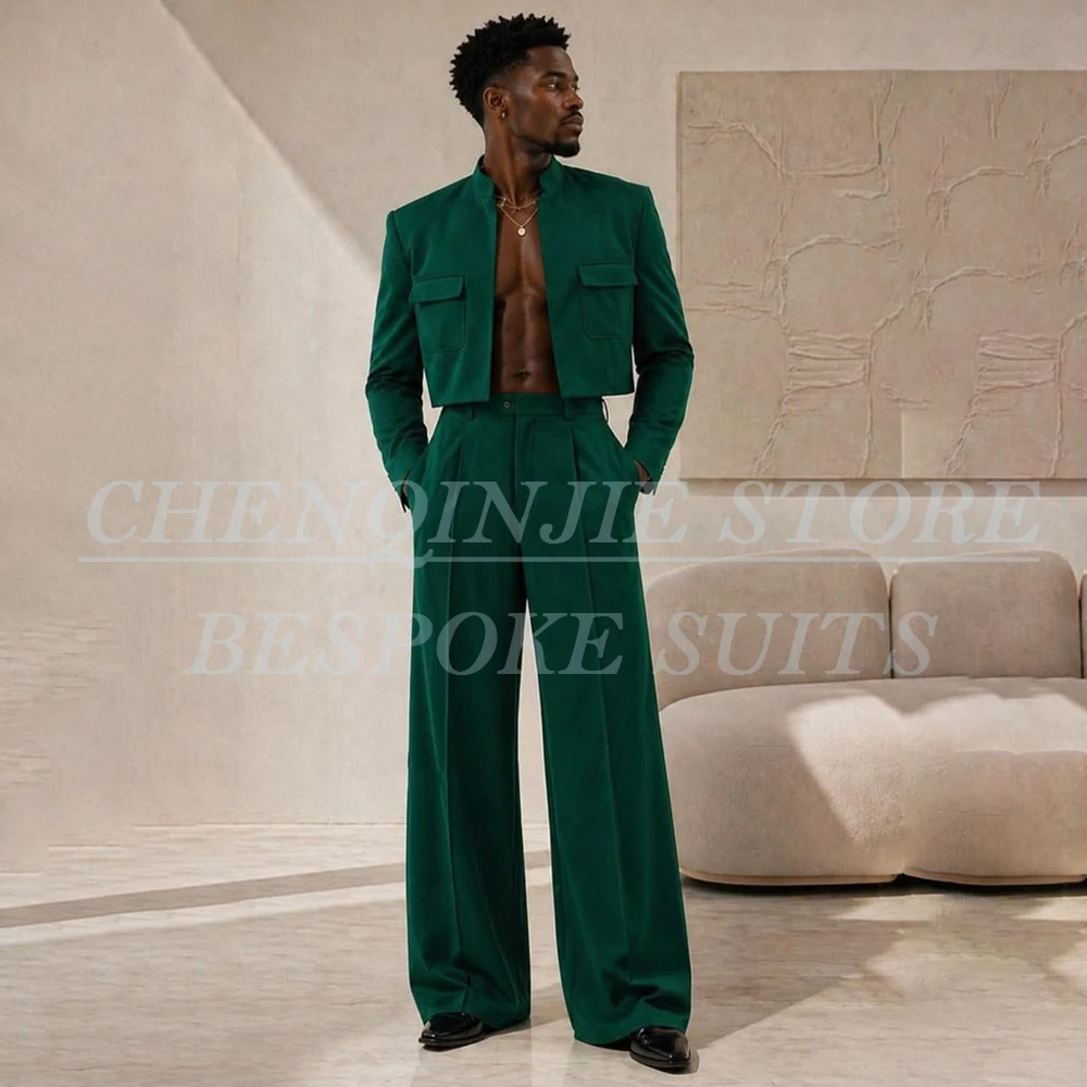 Trendy Cropped Stylished Men's Suits Fashion Long Sleeve Stand Lapel Blazer High Quality 2 Piece Jacket Pants Outfits