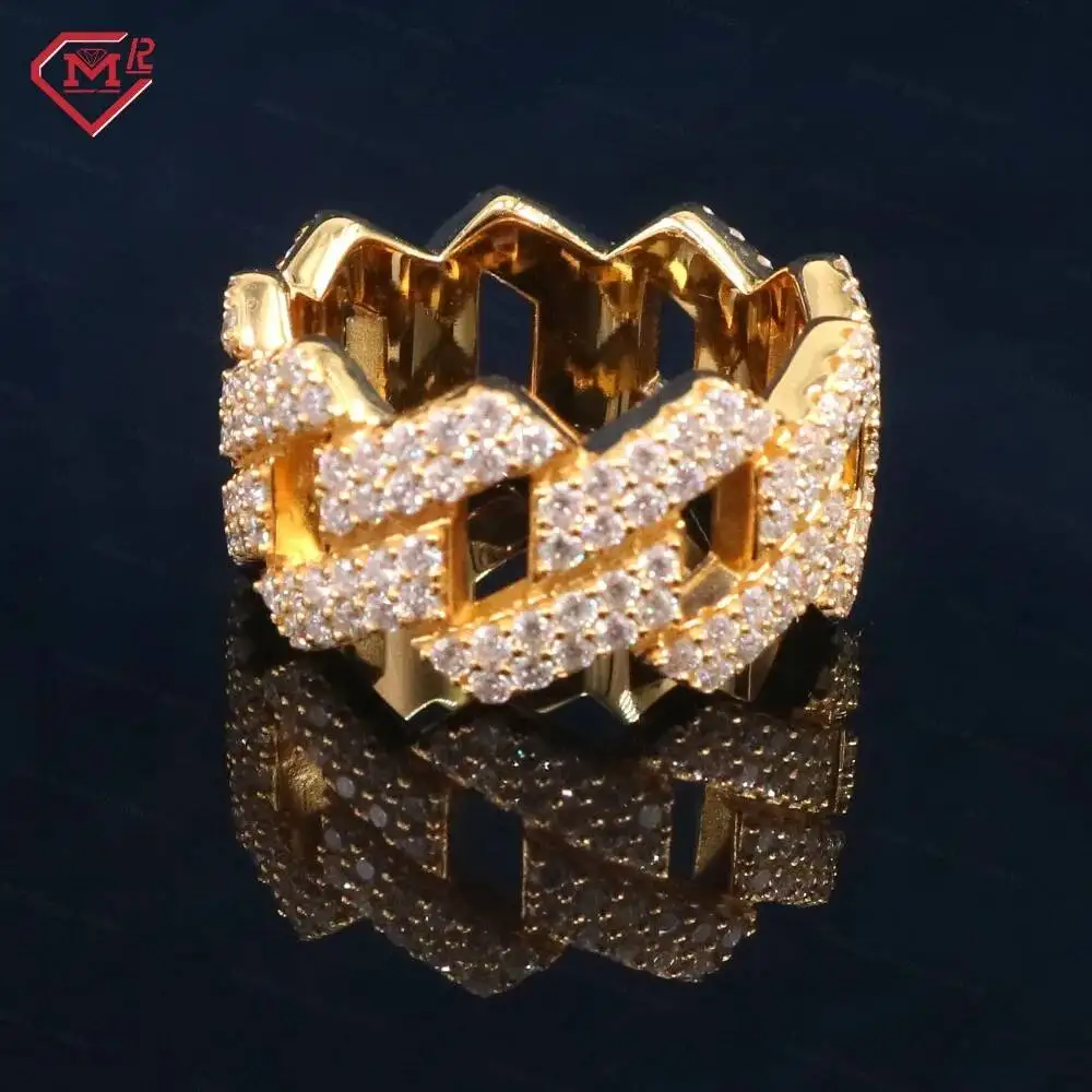 

Rappers 2 Rows Cuban Ring Moissanite 925 Sterling Silver VVS Iced Out Mens Hip Hop Moissanite Ring