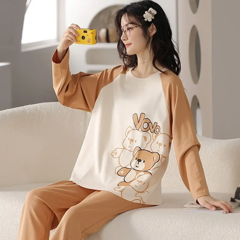 Women\'s Fall Winter Pajamas Women\'s Long-sleeved Pants Leisure Suit Women\'s Homewear Combed Cotton Cute Cartoon Homewear Suit Ms