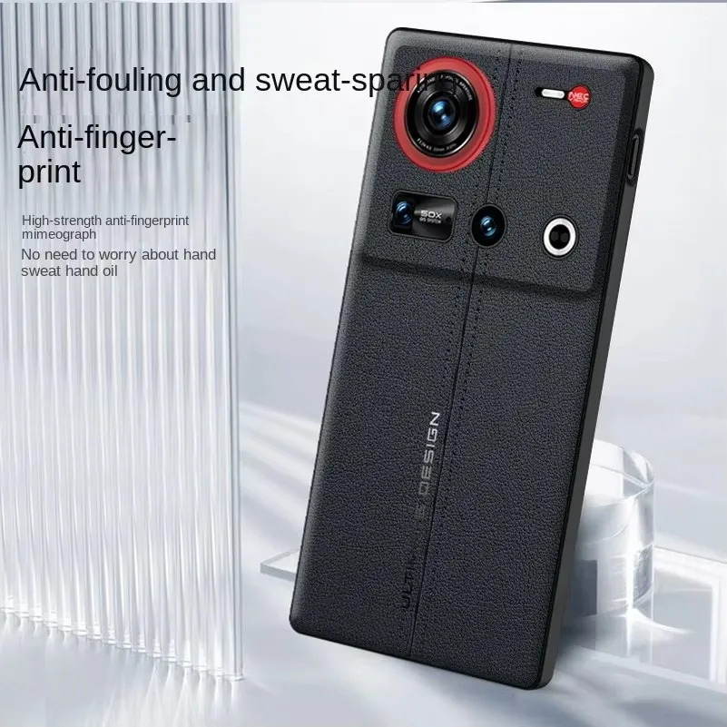 Etui na telefon ZTE Nubia Z70S Ultra Z70 Ultra, cienka osłona ochronna, gładka skóra, styl z przeszyciami na środku, czerwone, podwyższona ochrona obiektywu. — zdjęcie produktu 4