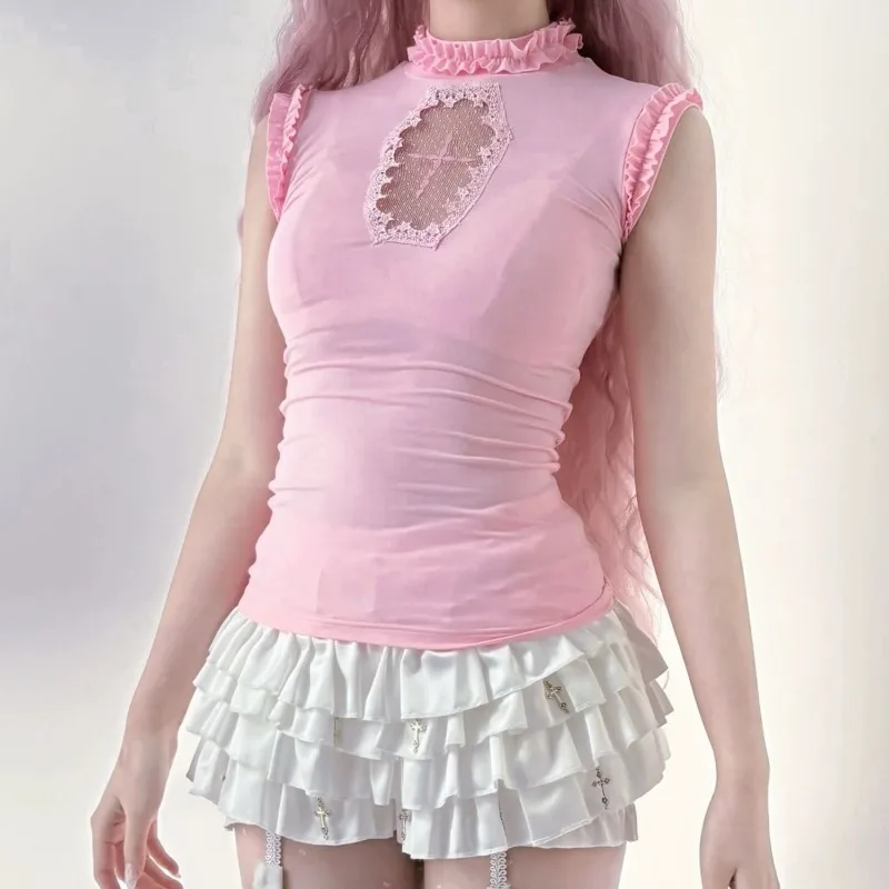 Harajuku الصليب التطريز جوفاء تي شيرت للنساء مع الخصر سترة ثقافة فرعية الألفية الساخن فتاة سليم الأعلى 2025 الصيف نمط جديد