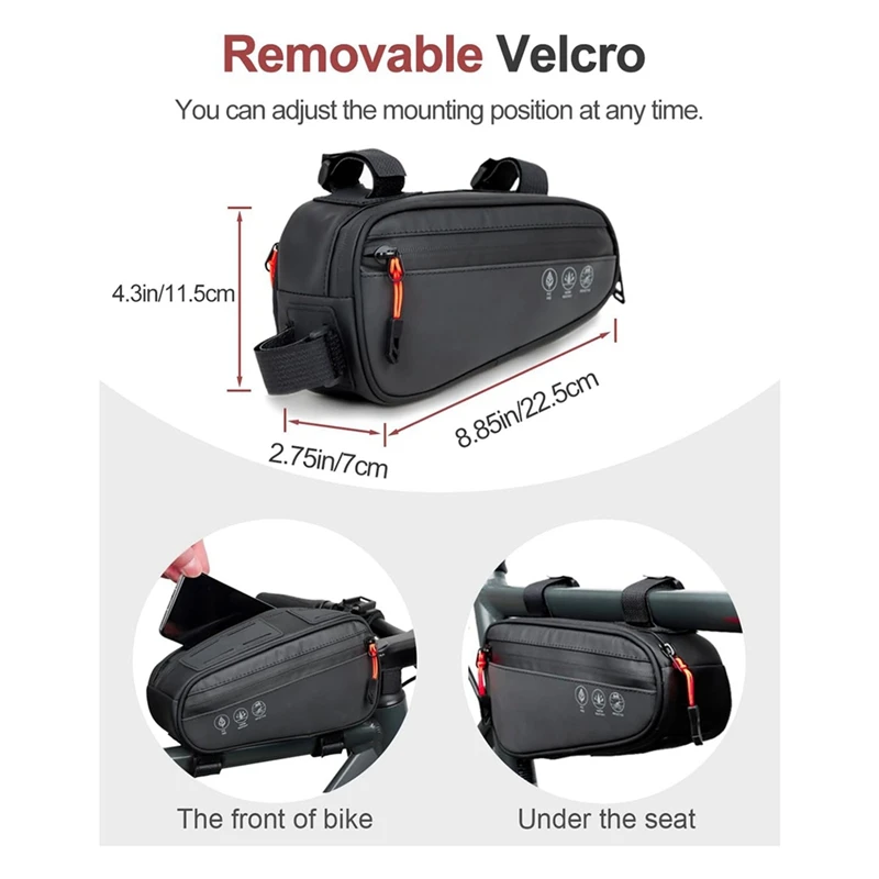 Bike Frame Bag, Waterproof Bicycle Bag With Two Side Pockets, Bike Tube Storage Pouch For Mountain Road Bike