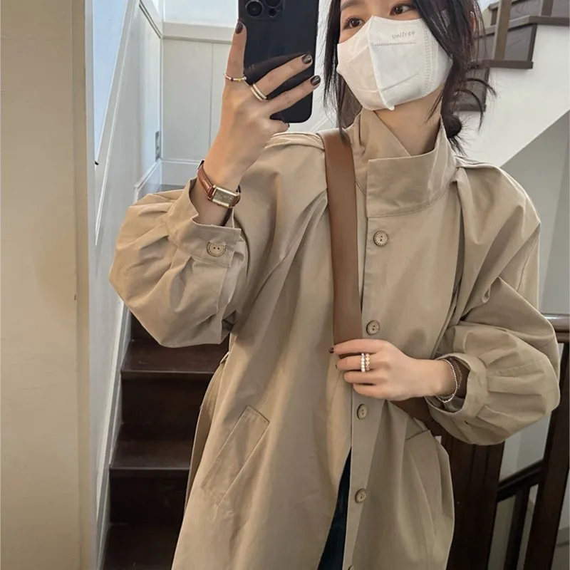 

New Khaki Trench Coat Women's Mid-Length Tight Waist Small Retro Graceful Stand Collar Overcoat