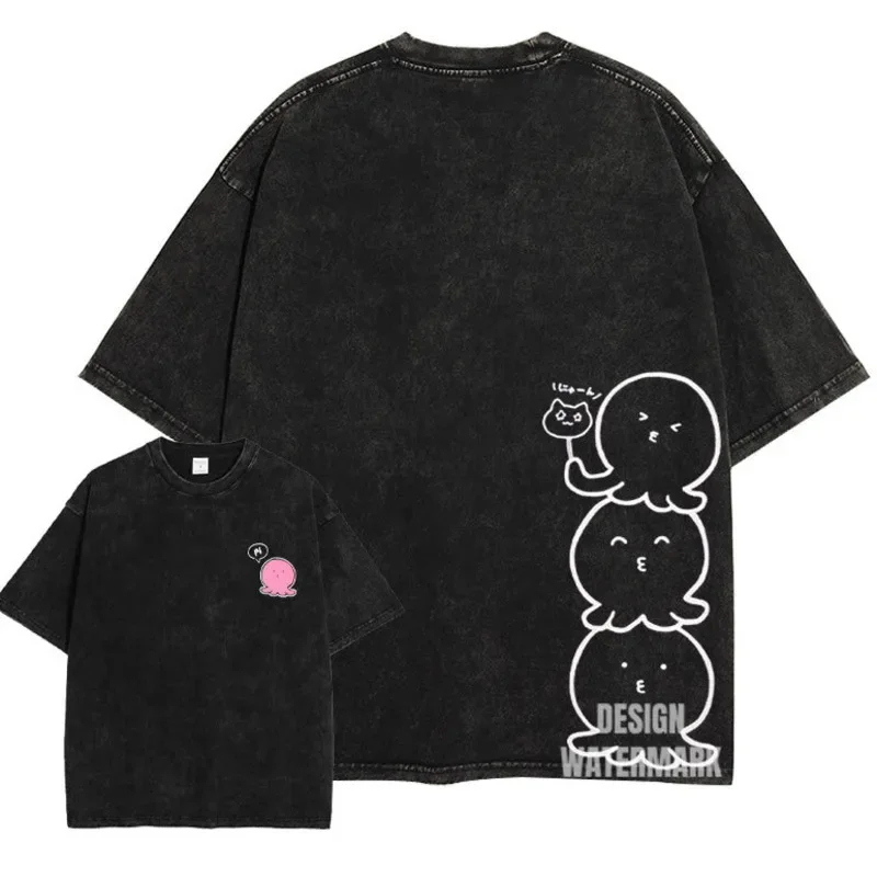 Y2K Octopus Cracker Sin Tops&Tees T-shirt Washed For Old Printing Us Anime Retro Jiu Shi Jing Cos Short Sleeve Loose Top Tee New