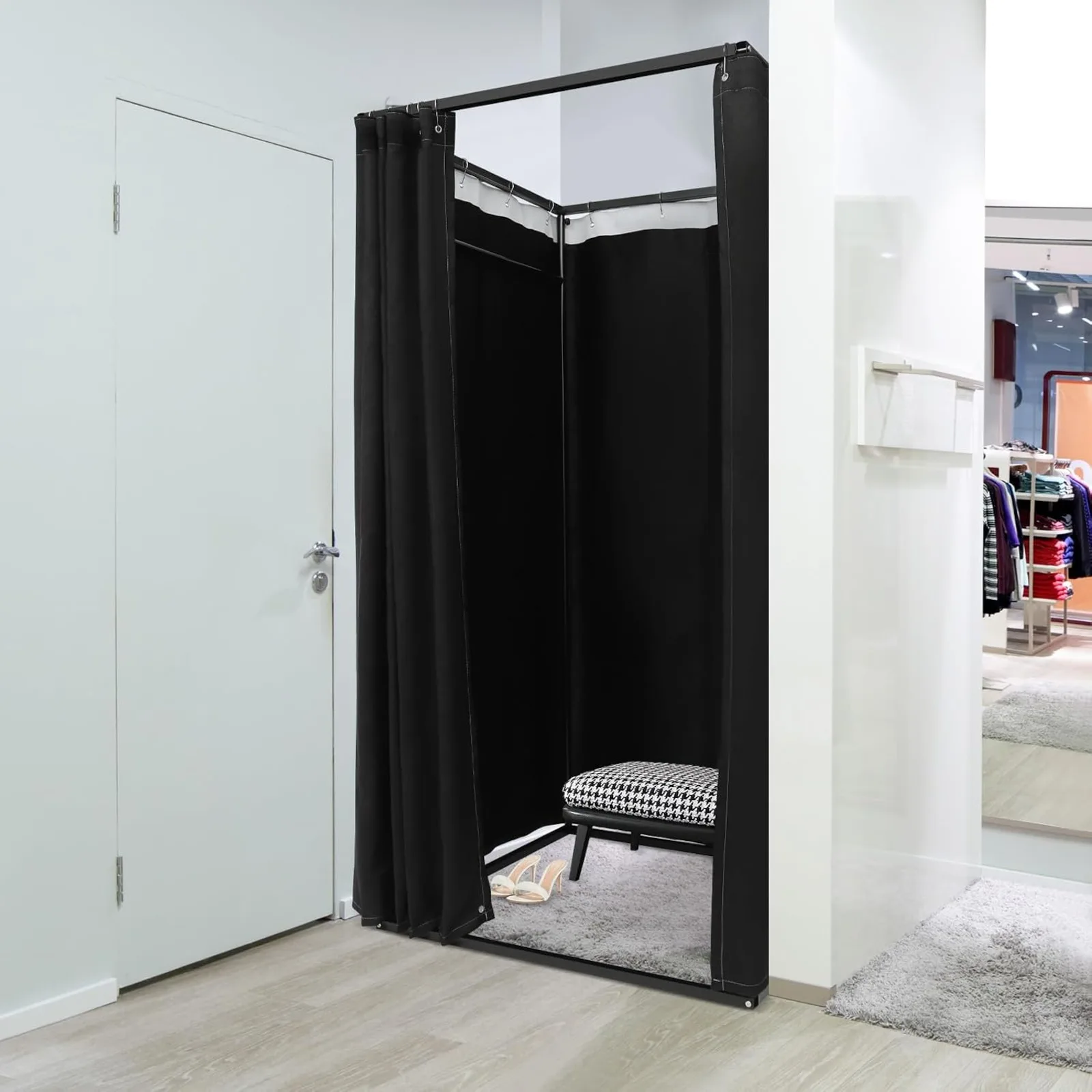 Portable Removable Black Clothing Store Fitting Room, Movable Privacy Changing Booth With Shading Curtain for Boutique Retail Shop