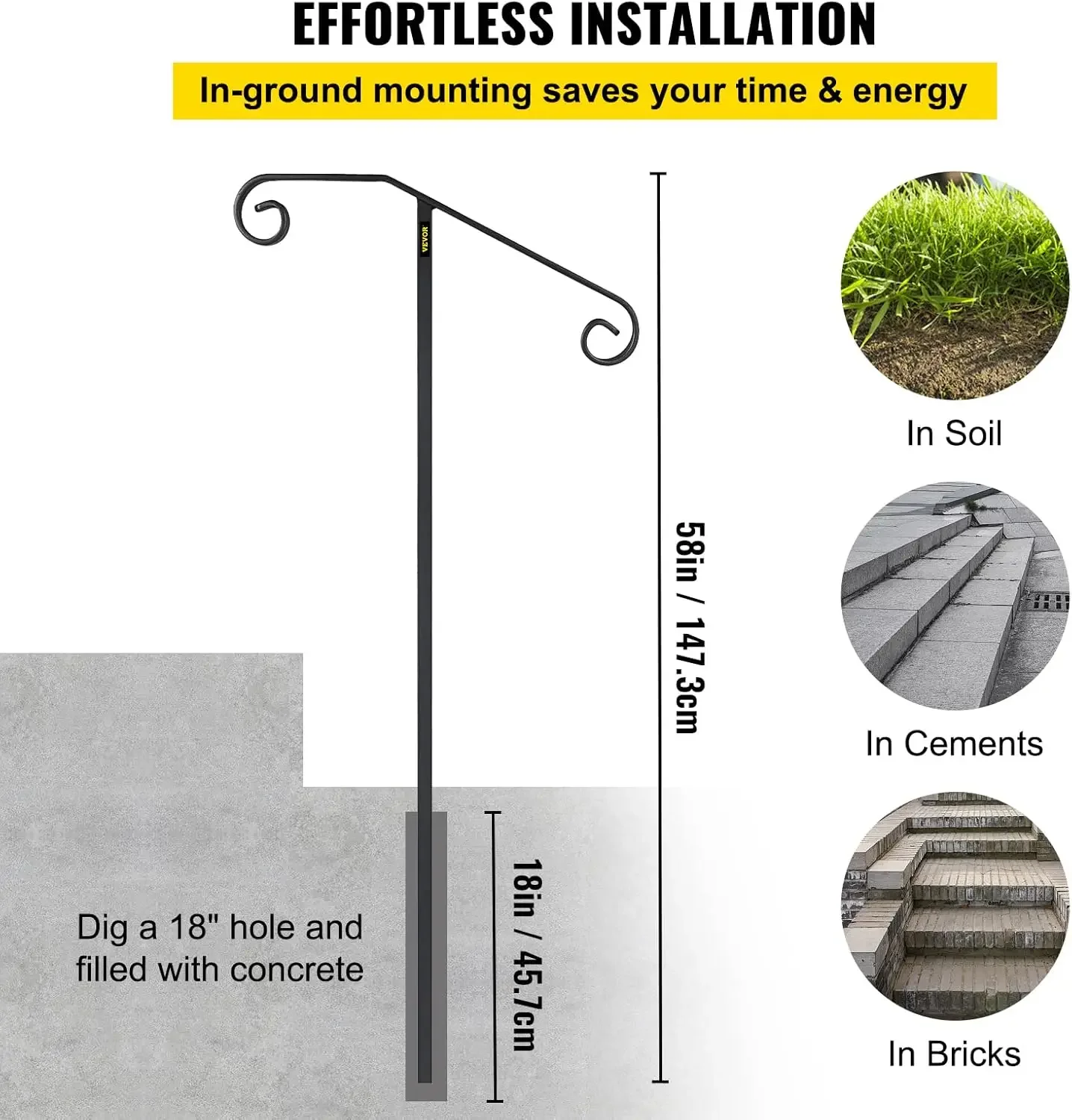 Single Post Handrail Wrought Iron Post Mount Step Grab Supports in Ground Long Post
